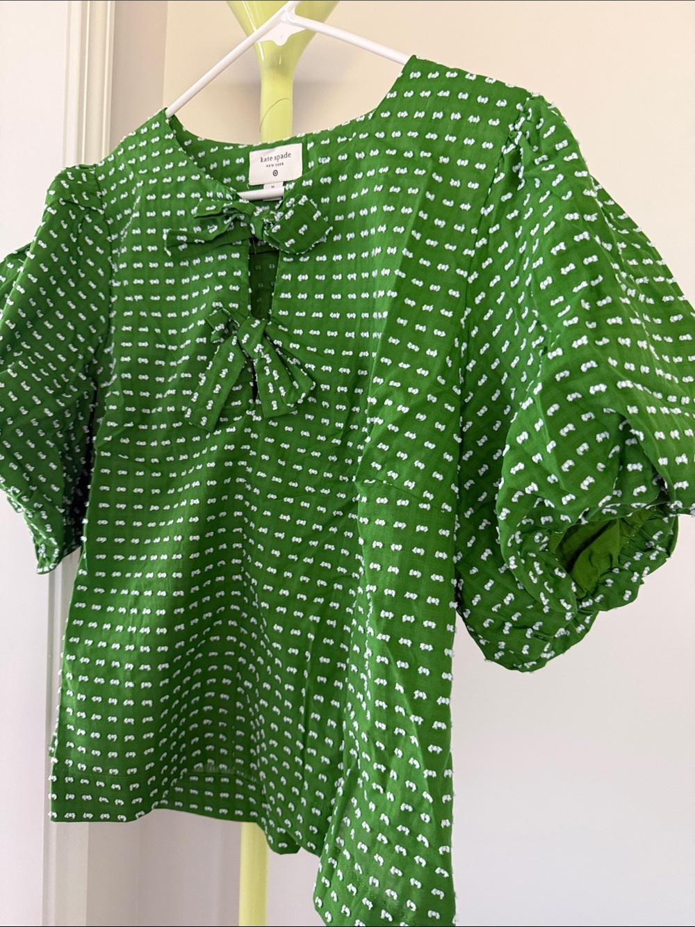 kate spade Bright Green Puff-Sleeve Tie-Neck Blouse - Picture 4 of 4